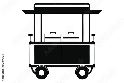 Black wheeled cart features open top storage along with two storage boxes in view
