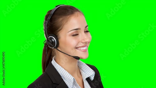 A smiling customer service representative wearing a headset is ready to assist, standing against a bright green background.