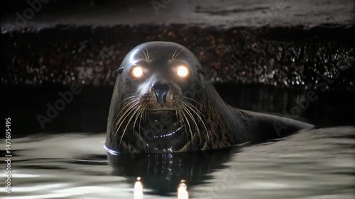 A seal with glowing eyes emerges from dark water, its wet fur and long whiskers clearly visible.