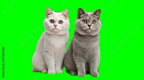 Two cute cats sitting side by side, looking upward, with a bright green background.