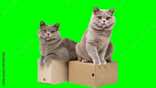 Two grey cats with orange eyes are sitting on cardboard boxes against a bright green background.
