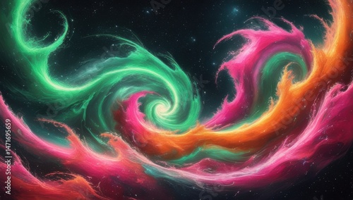 A mesmerizing cosmic artwork featuring vibrant swirls of color that capture the beauty of the universe. The blend of pink, orange, and green evokes a sense of wonder and celestial mystery