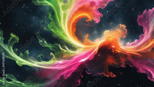 A mesmerizing cosmic artwork featuring vibrant swirls of color that capture the beauty of the universe. The blend of pink, orange, and green evokes a sense of wonder and celestial mystery