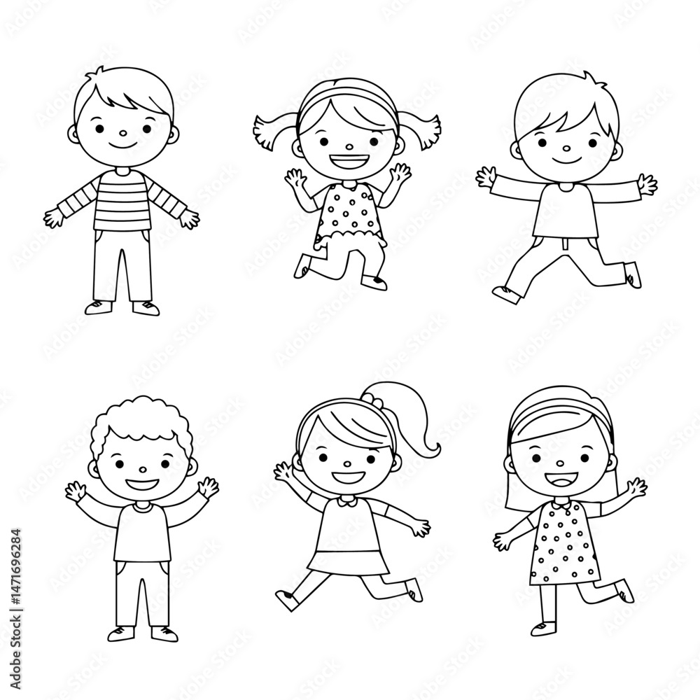 Playful Childhood: A delightful array of cartoon children frolic with boundless energy, each figure capturing the essence of innocent happiness, freedom, and the magic of play. Playful Childhood: A delightful array of cartoon children frolic with boundless energy, each figure capturing the essence of innocent happiness, freedom, and the magic of play.