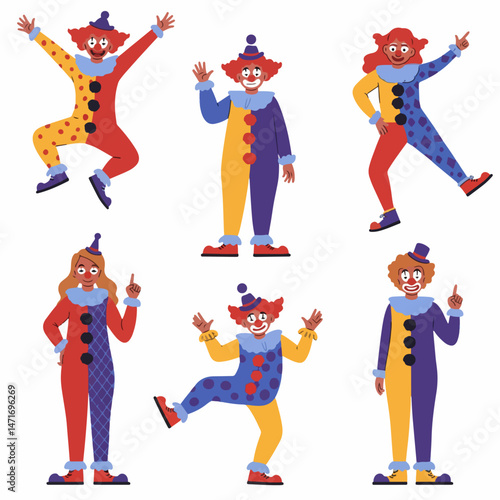 Clown Collection: a vibrant illustration of various cheerful clowns in playful poses, each with their unique colorful attire, evokes feelings of joy and lighthearted fun.