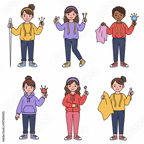 Creative Hands in the Sewing Room: Six diverse individuals showcase sewing tools, fabrics, and needles, illustrating the artistic process and the tools of the sewing profession.