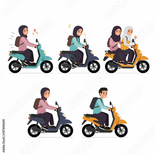 Journey on Wheels: A series of illustrations showcases a scooter, driven by several hijab-wearing individuals with varying expressions, conveying freedom, convenience, and the joy of travel.
