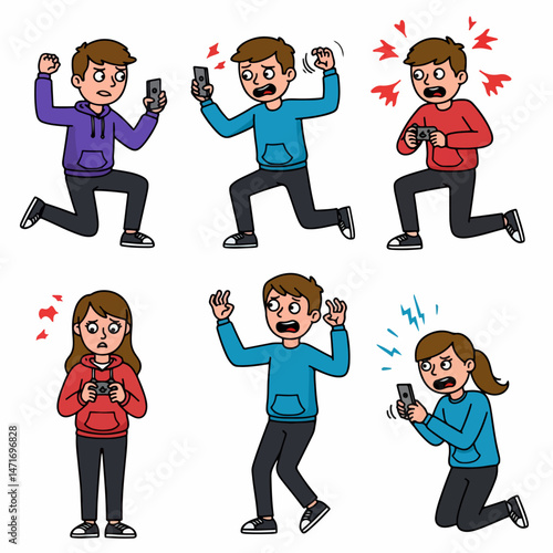 Digital frustration: A vibrant cartoon captures moments of digital frustration, with people expressing anger and distress at issues with technology.