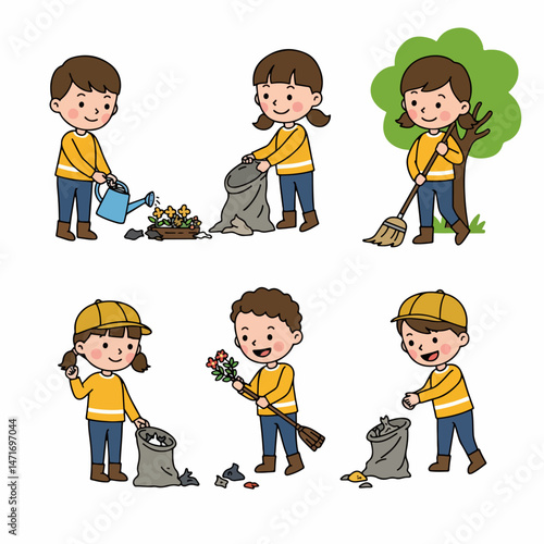 Community Clean Up: Colorful Illustration depicting a diverse group of kids taking part in a community clean up. Their smiles and actions communicate enthusiasm and dedication.