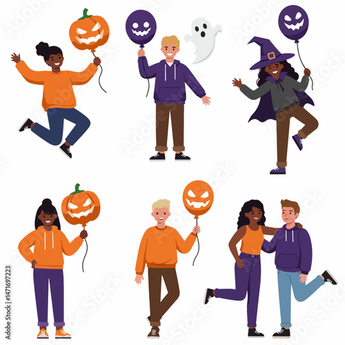 Halloween Celebration Group: A festive gathering of animated figures, including pumpkin balloons and a spectral ghost, celebrates Halloween, showcasing the holiday's joyful spirit and vibrant imagery.