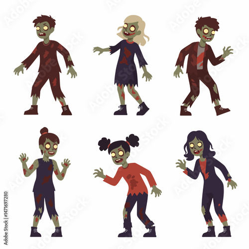 Undead Horde: A collection of six stylized illustration zombies in various poses with ripped clothes and green skin, ready to prowl through your designs and projects.