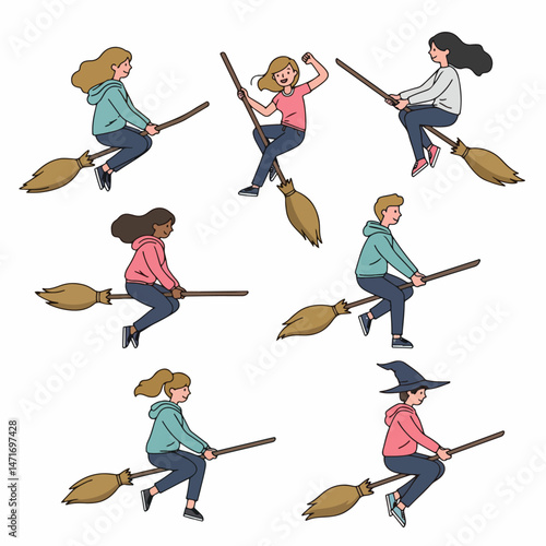 People on broom: Illustration of a diverse group of individuals, each astride a magical broom, soaring through the sky, embodying a playful spirit.