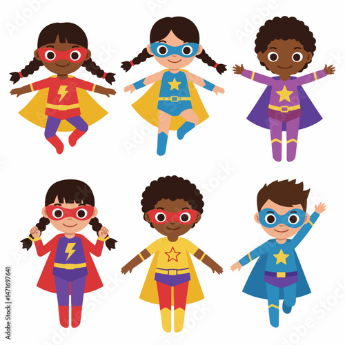 Little Heroes: A group of diverse, youthful heroes, each embodying unique styles of courageous defenders of justice, soaring toward a world in need of hope and light. 