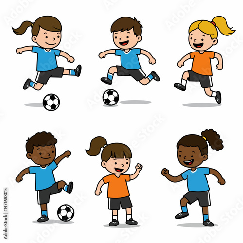 Youthful Soccer Fun: A vibrant illustration showcases energetic kids immersed in a spirited soccer match, capturing the essence of youthful exuberance and teamwork in action.