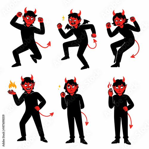 Evil Animated Character Collection: A vibrant collection of stylized illustrations showcases a malevolent character with horns and a fiery tail in various animated poses.