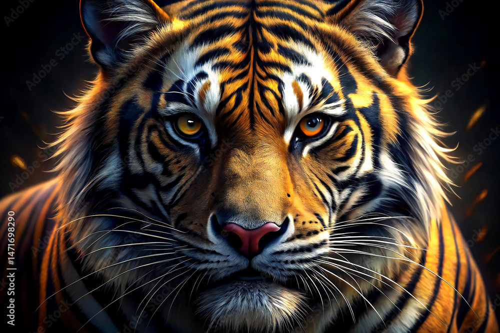 Obraz premium Hyper detailed close-up portrait of tiger with golden black fur, glowing eyes, and dramatic lighting in 4K realism 