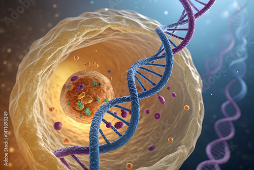 3D Illustration of DNA helix inside a living cell.