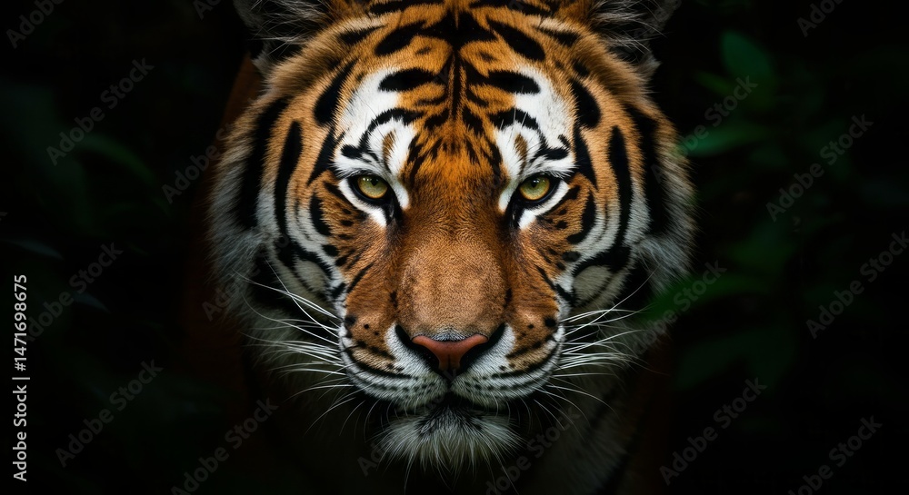 Powerful close-up of a majestic tiger with piercing eyes looking forward. Powerful close-up of a majestic tiger with piercing eyes looking forward.