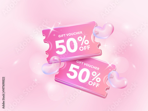 Holographic gradient chrome color a coupon tag label. 50 percent discount offer tag with shiny, glossy, reflective surface. Sale price promo sign. Special offer symbol.