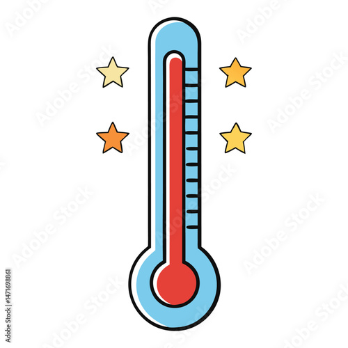 A vertical temperature thermometer with glowing stars on top, symbolizing excellence, high achievement, or reaching peak performance with rising heat levels.

