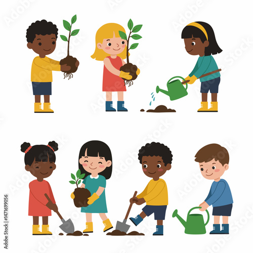 Kids Planting Trees: A charming illustration of diverse children happily planting young trees, showcasing environmental awareness and teamwork.
