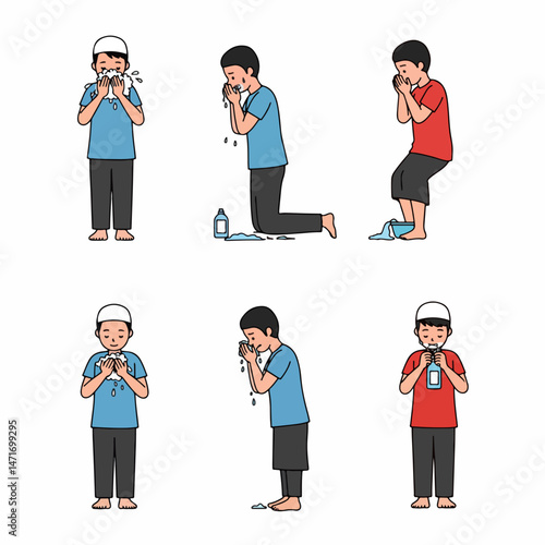Purification Rituals: A visual sequence depicting the step-by-step cleansing process for religious practice, featuring various poses to illustrate the tradition.