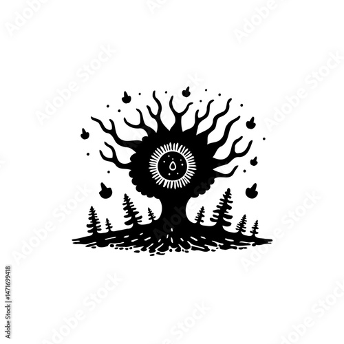 Stylized arboreal entity with celestial center, minimalist graphic design