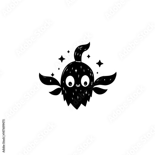 Whimsical dark creature with wings set against sparkling astral backdrop