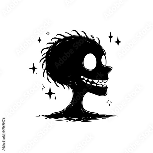Stylized monochrome artwork of a whimsical and mysterious shadowed figure