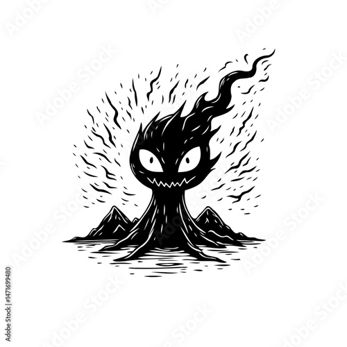 Stylized dark entity emerging in a desolate landscape in monochromatic illustration