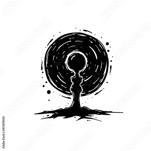 Monochromatic abstract conceptualization showcasing duality, form, and perception