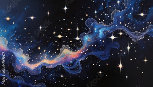 A captivating depiction of the cosmos, this artwork features a deep blue galaxy filled with twinkling stars and flowing nebulas. Perfect for those fascinated by the beauty of space