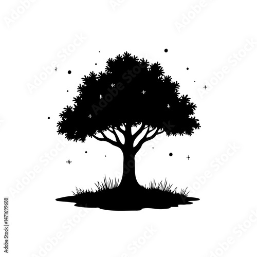 Monochrome arboreal silhouette against a stark backdrop with celestial specks