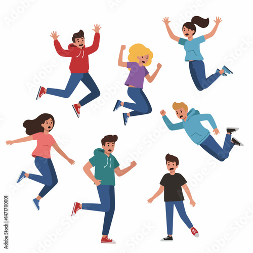 Energetic Youngsters' leap: Vibrant cartoon illustrations depict a group of youthful figures joyfully jumping and expressing energy. The artwork showcases the thrill and the thrill of each gesture. 