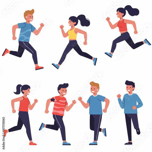 Vibrant Runners: A diverse group of energetic individuals in dynamic poses showcases the vitality of running, embodying the spirit of health and fitness in a visually engaging scene.