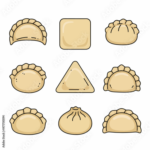 Dumpling Shapes Variety Pack: Nine different types of dumpling shapes are shown in this illustration, including half-moon, square, triangle, and round shapes.