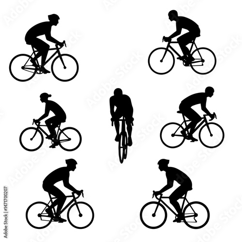 Cycling Silhouettes: A collection of six dynamic silhouettes of cyclists in various riding positions, perfect for design projects related to sports, fitness, or travel.