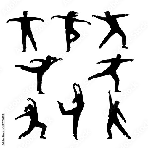 Dynamic Dance Silhouettes: A series of dynamic dance silhouettes showcase expressive movement, frozen in perfect black. This artistic collection captures the essence of dance, movement.