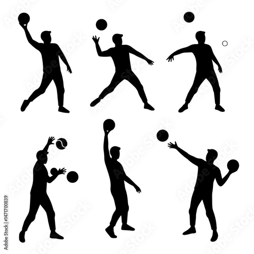 Silhouetted Juggler in Action: A sequence of silhouetted figures showcases the art of juggling, emphasizing movement, balance, and skill with perfect timing and graceful coordination. 