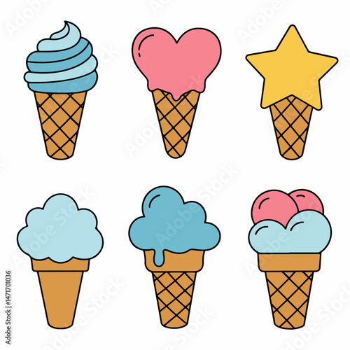 Delicious Array: A vibrant collection of colorful ice cream cones, each adorned with a unique shape, inviting the viewer to indulge in a sweet treat. A visual feast of frozen goodness and summer fun!