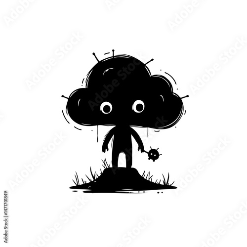 Stylized silhouetted character standing on a mound with unusual weaponry