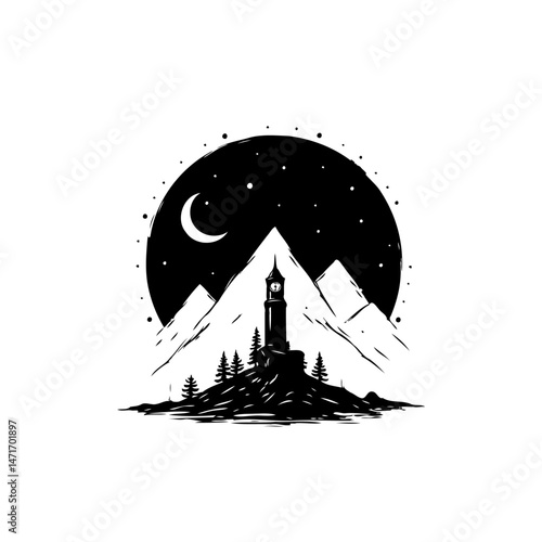 Stylized monochrome mountain landscape with a clock tower under a starry sky