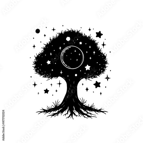 Enigmatic arboreal silhouette amidst cosmic celestial bodies and celestial glow