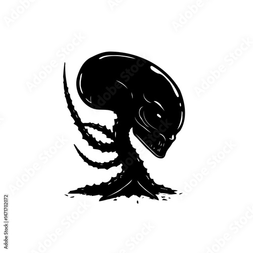Eerie extraterrestrial entity artistic depiction in striking black and white rendering