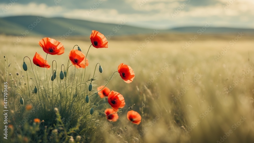 Fototapeta premium Red poppies blooming amid tall grass, a vibrant nature scene ideal for floral and outdoor themed designs or backgrounds.