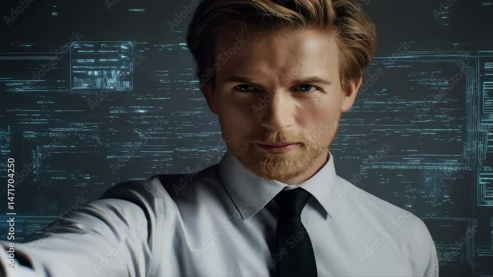 Professional man poses confidently against a futuristic digital background with technology-themed elements Professional man poses confidently against a futuristic digital background with technology-themed elements