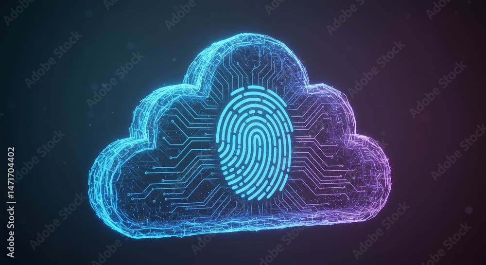 Obraz premium Cloud Data Security Abstract - Cybersecurity concept, data protection, cloud computing, fingerprint, network security. Symbolizing safety, privacy, and access control in the cloud