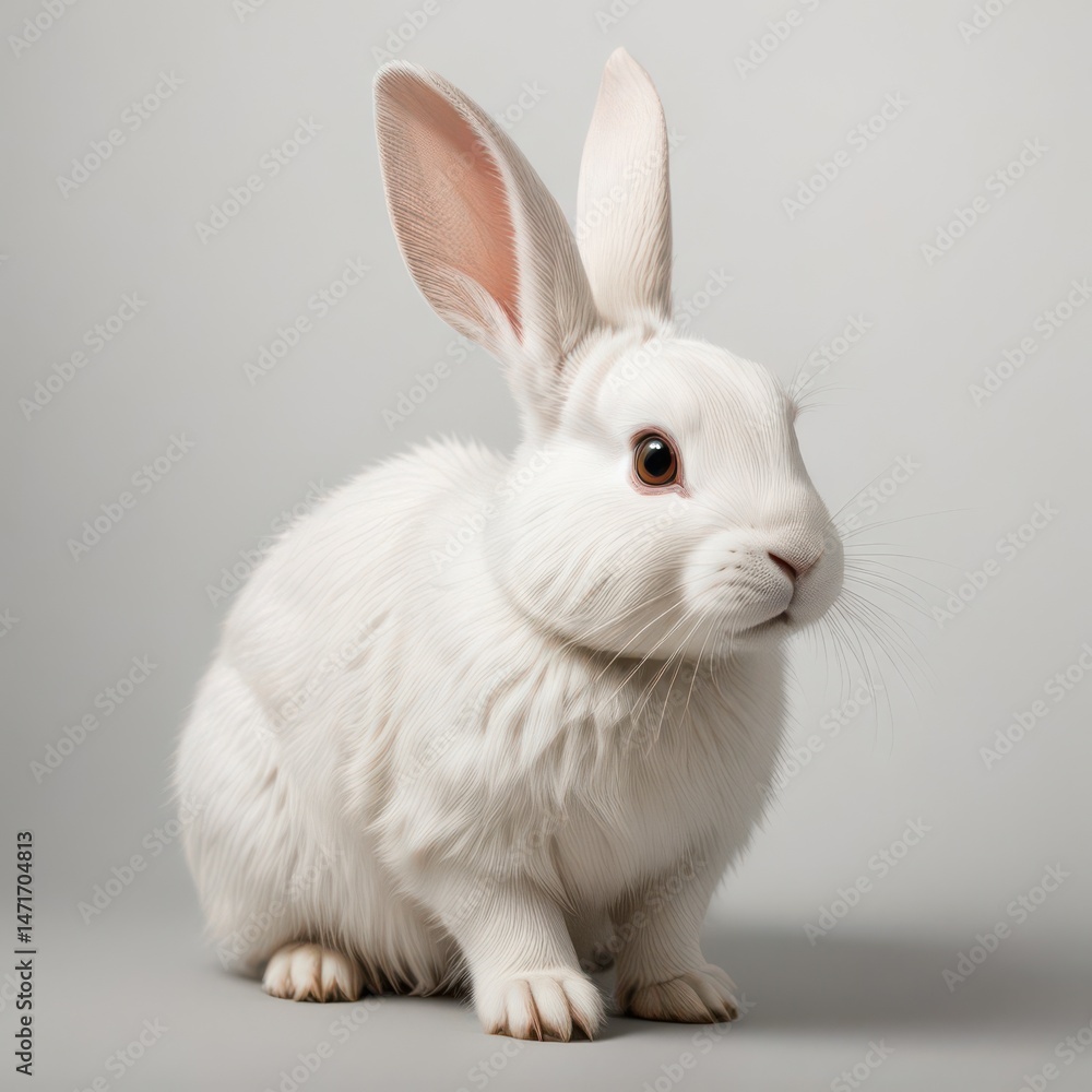 Elegant portrait of a beautiful white rabbit sitting on a smooth grey background. Elegant portrait of a beautiful white rabbit sitting on a smooth grey background.