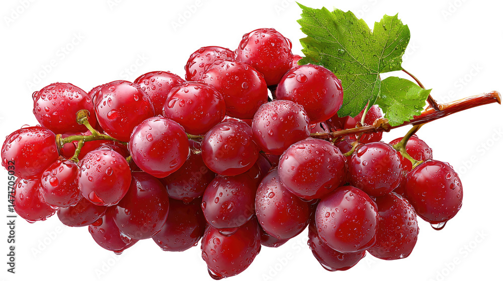 Fototapeta premium Ruby Red Cluster: A vibrant cluster of ripe, juicy red grapes, their glistening skins hinting at the sweet treasures within, along with fresh leaves, the epitome of natural, fresh, and healthy fruit.