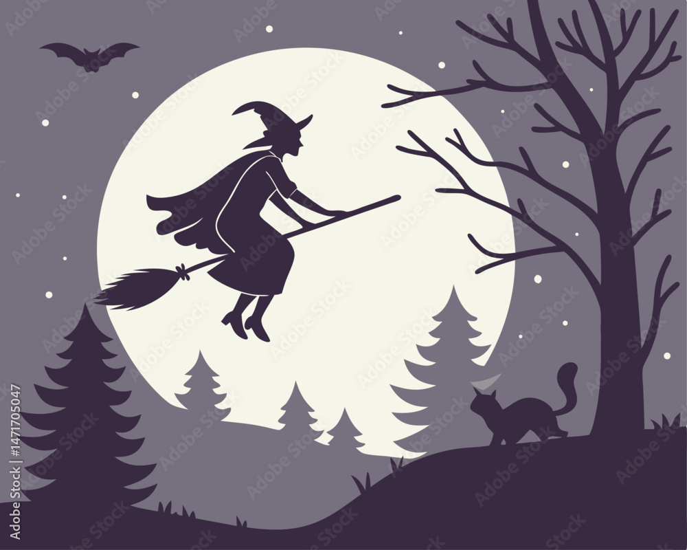 A witch flying on a broomstick, with a forest, full moon, and cat familiar in silhouette.
A witch flying on a broomstick, with a forest, full moon, and cat familiar in silhouette.